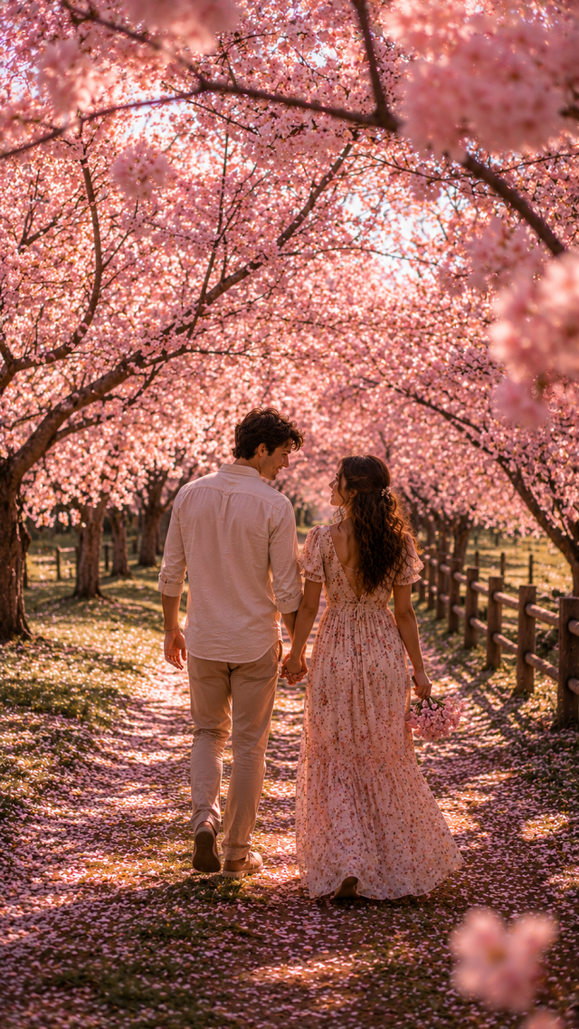 Couple Walking A Cherry Blossom Lane