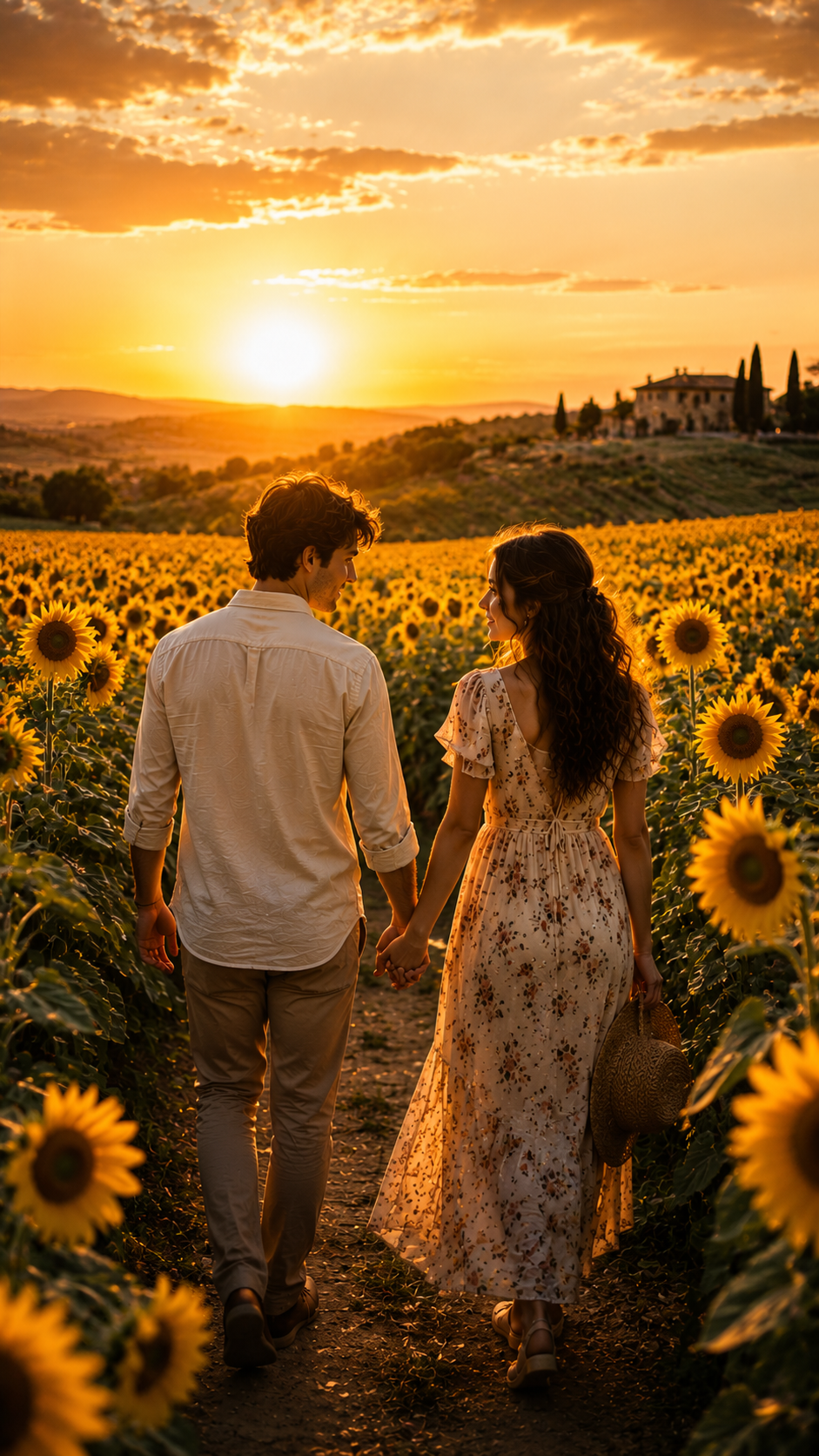 Couple in A Sunflower Field at Sunset