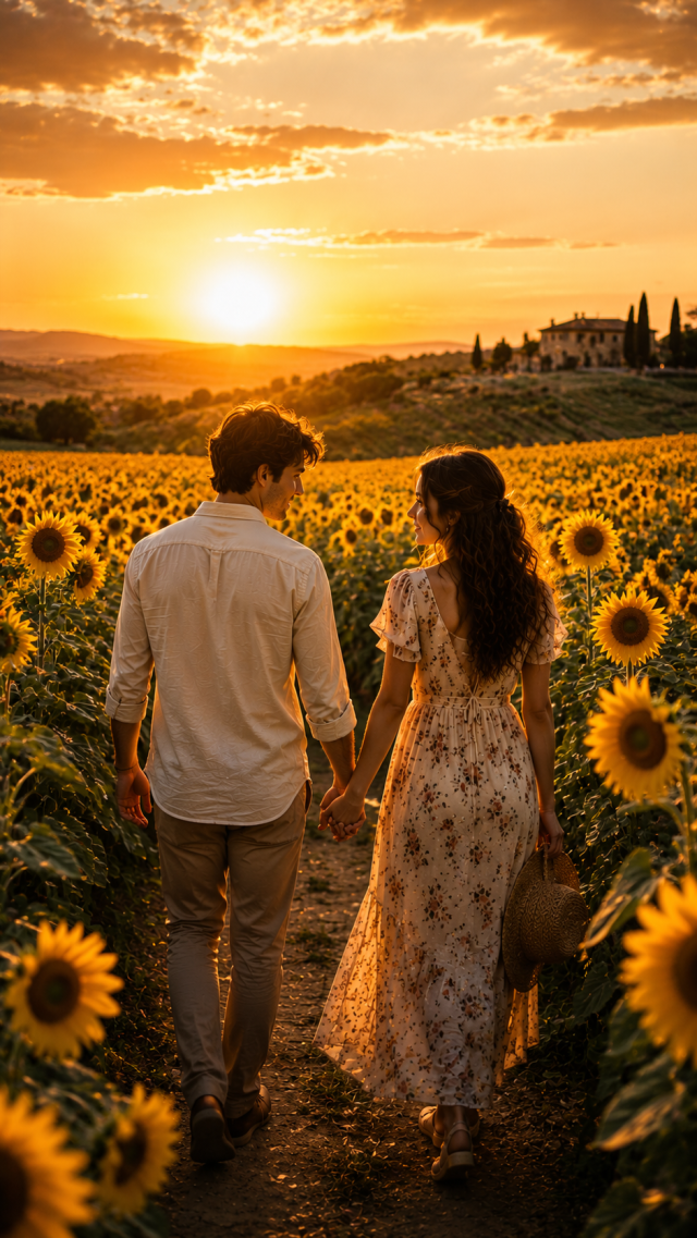 Couple in A Sunflower Field at Sunset