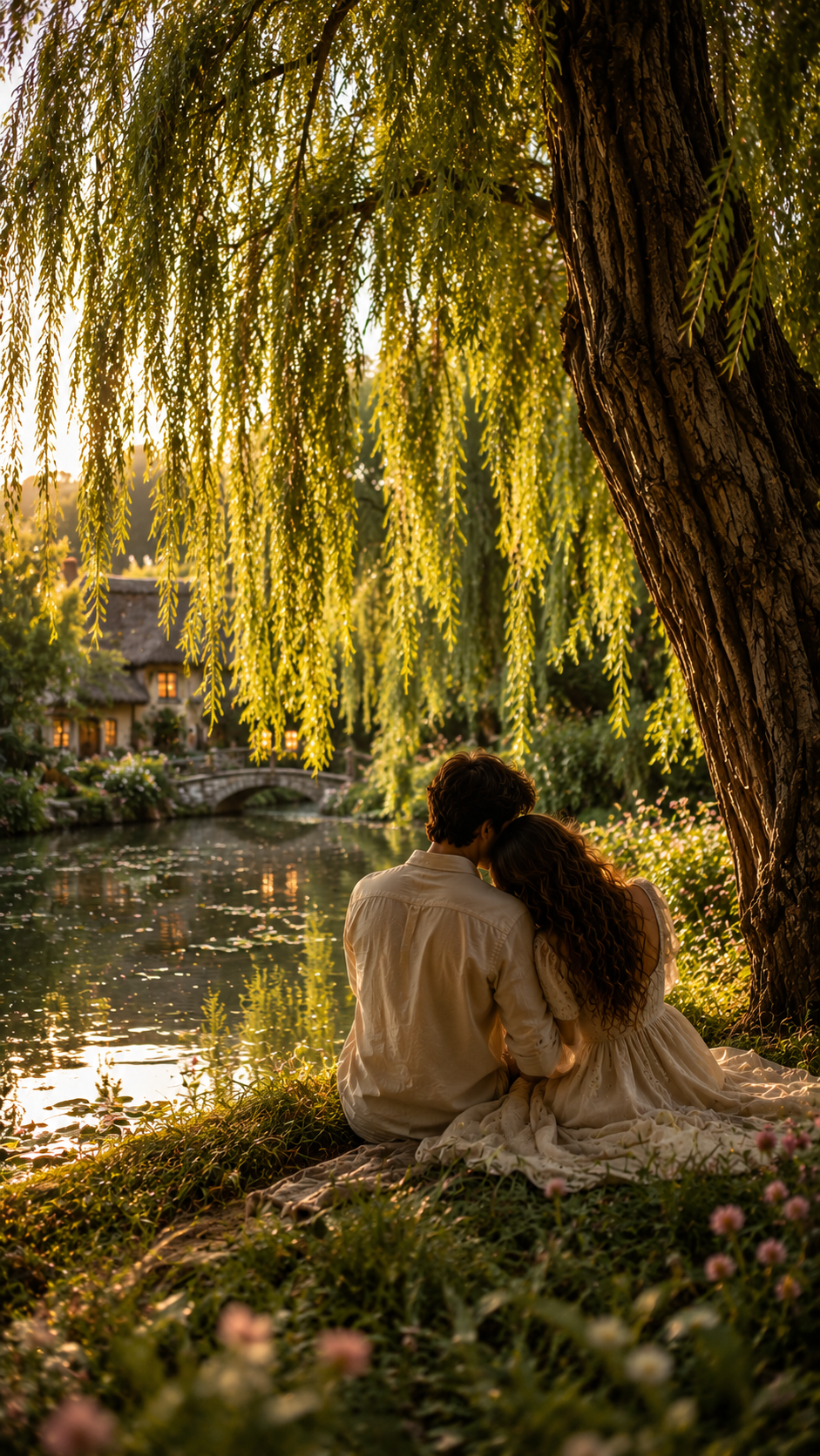 Couple under A Willow by the Pond