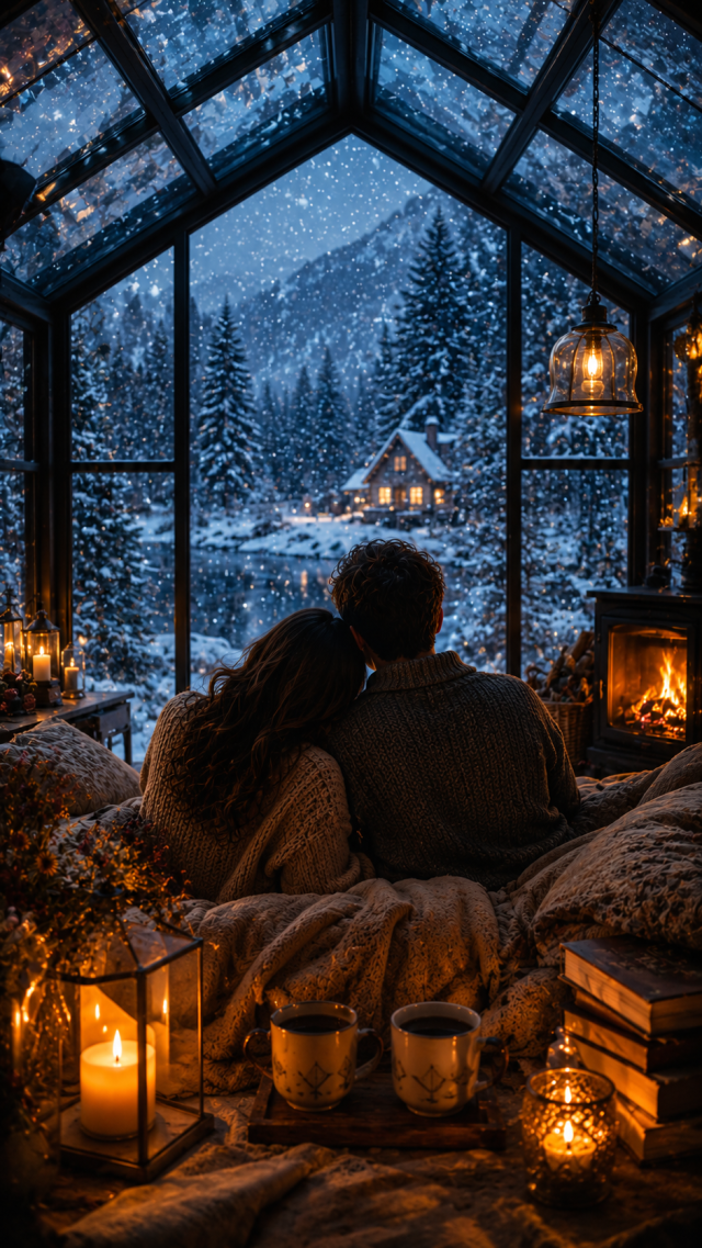 Couple by A Snowy Cabin Window