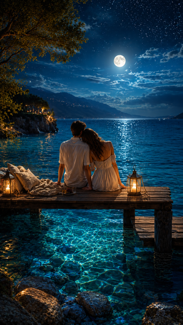 Couple on A Moonlit Lake Dock