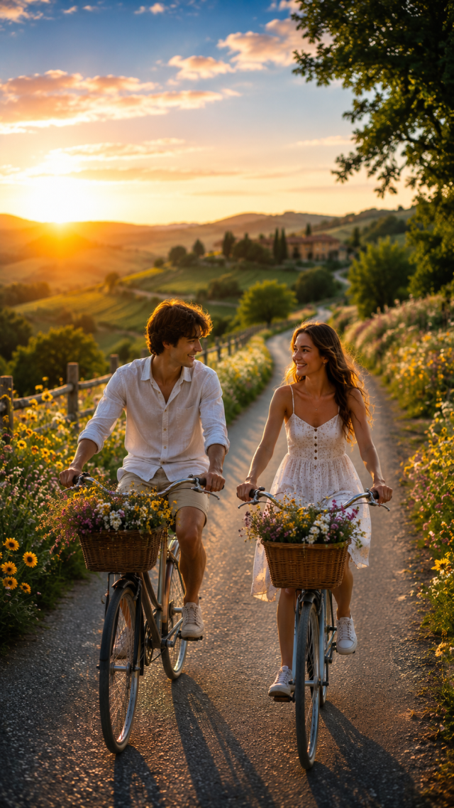 Couple Riding Bicycles with Flower Baskets