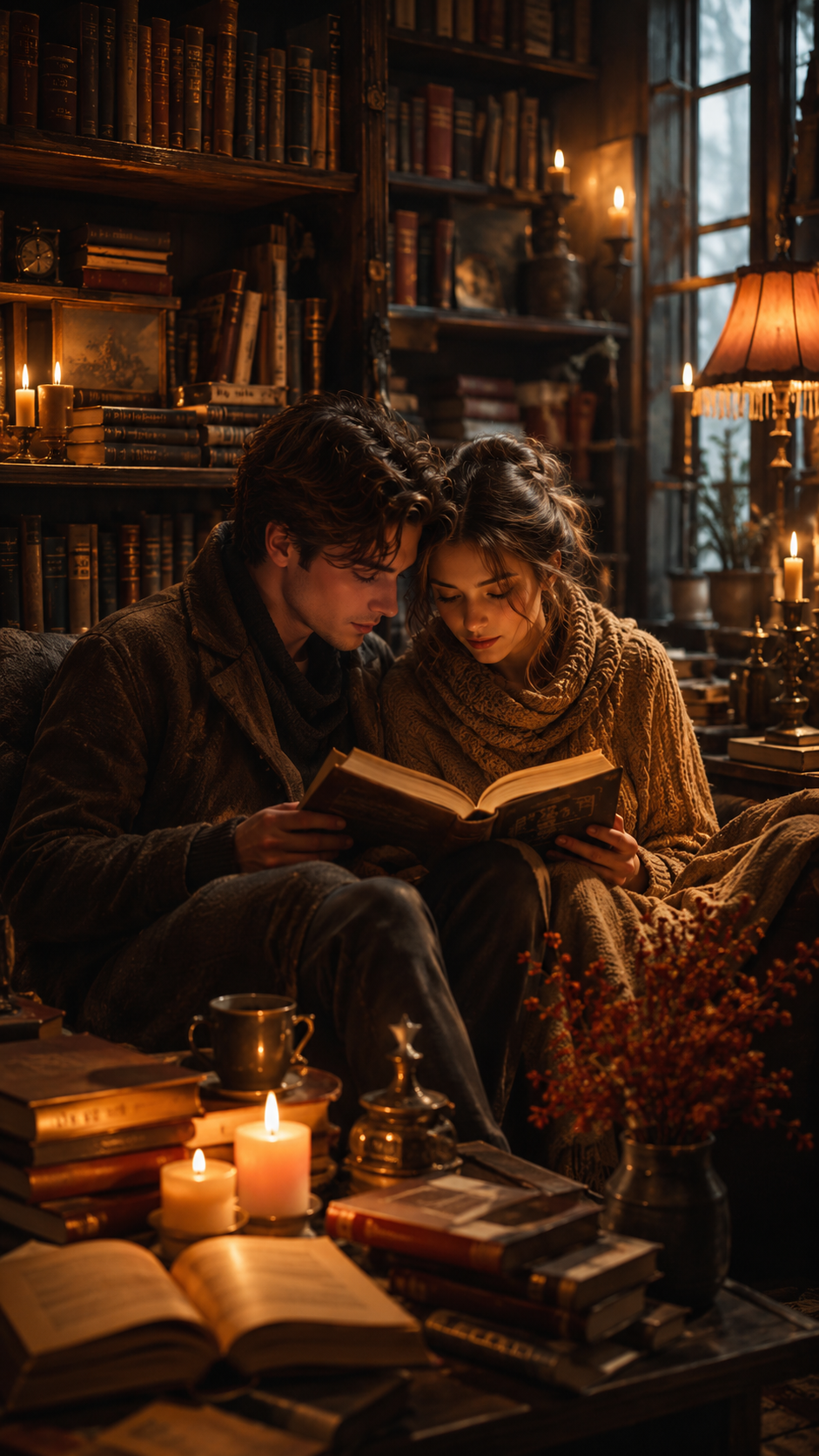 Couple Reading in A Candlelit Library