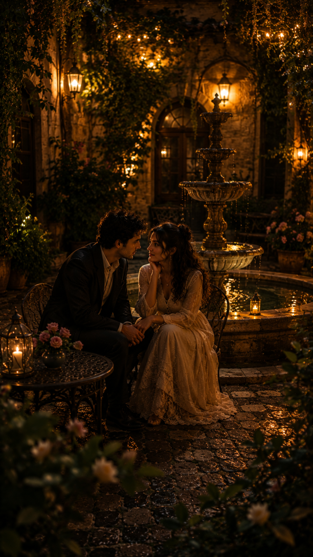 Couple at A Candlelit Garden Fountain