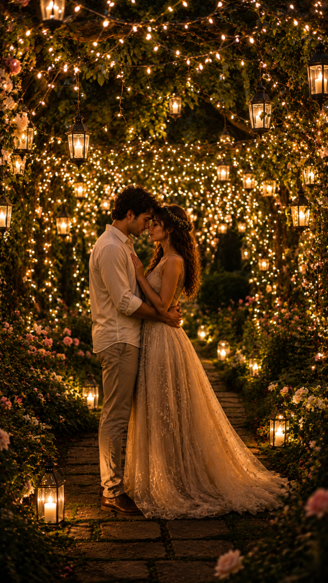 Bride and Groom under String Lights