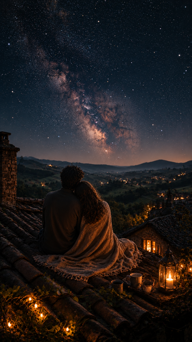 Couple Beneath A Starry Sky over A Village