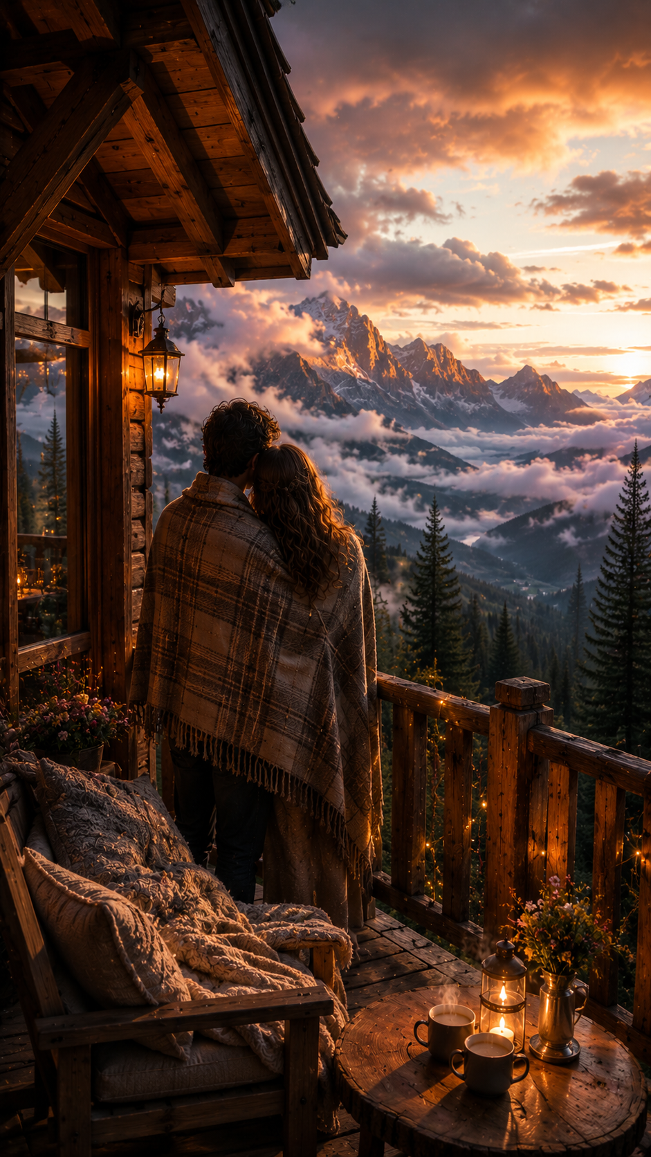 Couple on A Mountain Cabin Balcony