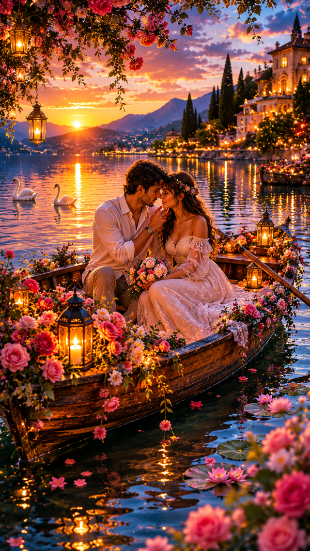Couple in A Flower Boat on A Romantic Canal