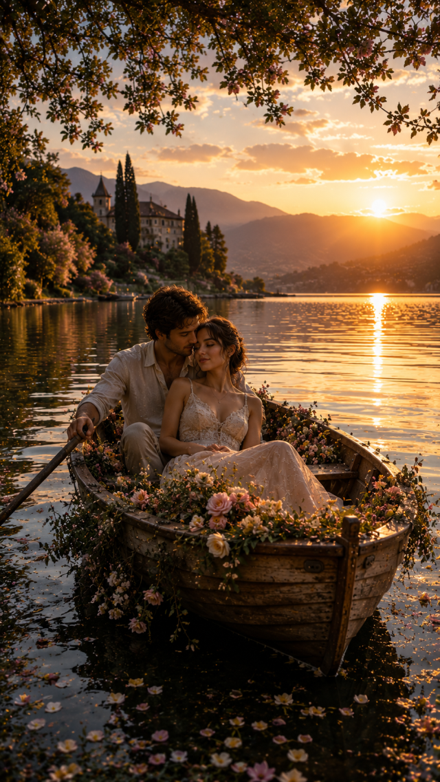 Couple in A Flower Boat on A Sunset Lake