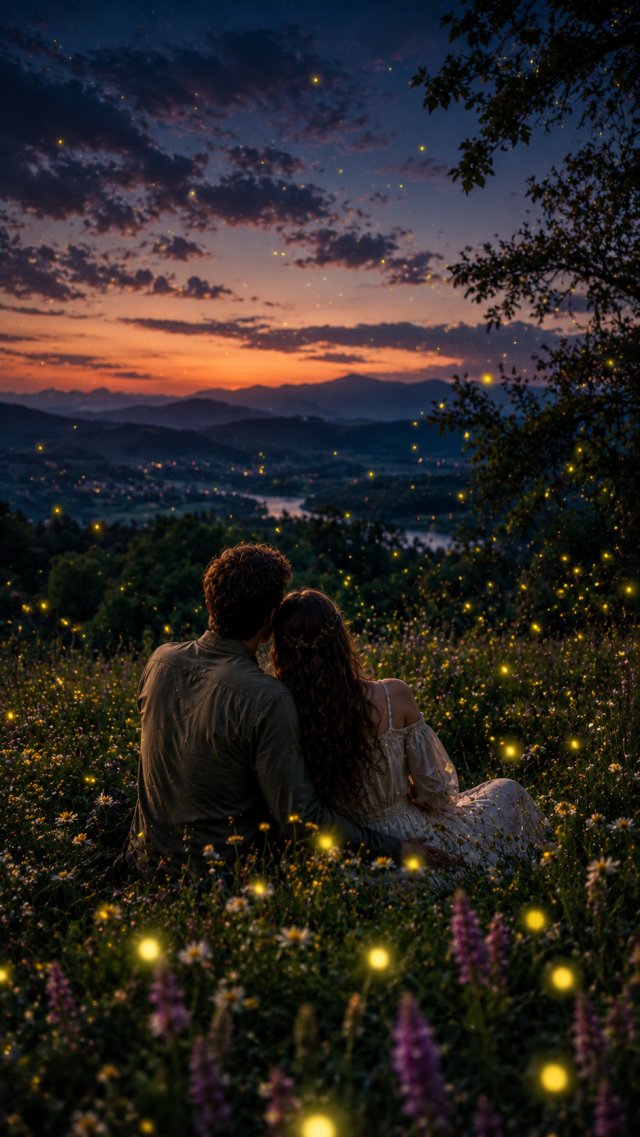 Couple Watching Fireflies over A Valley