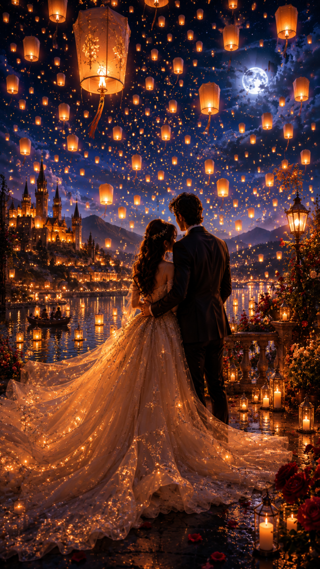 Wedding Couple under Floating Lanterns