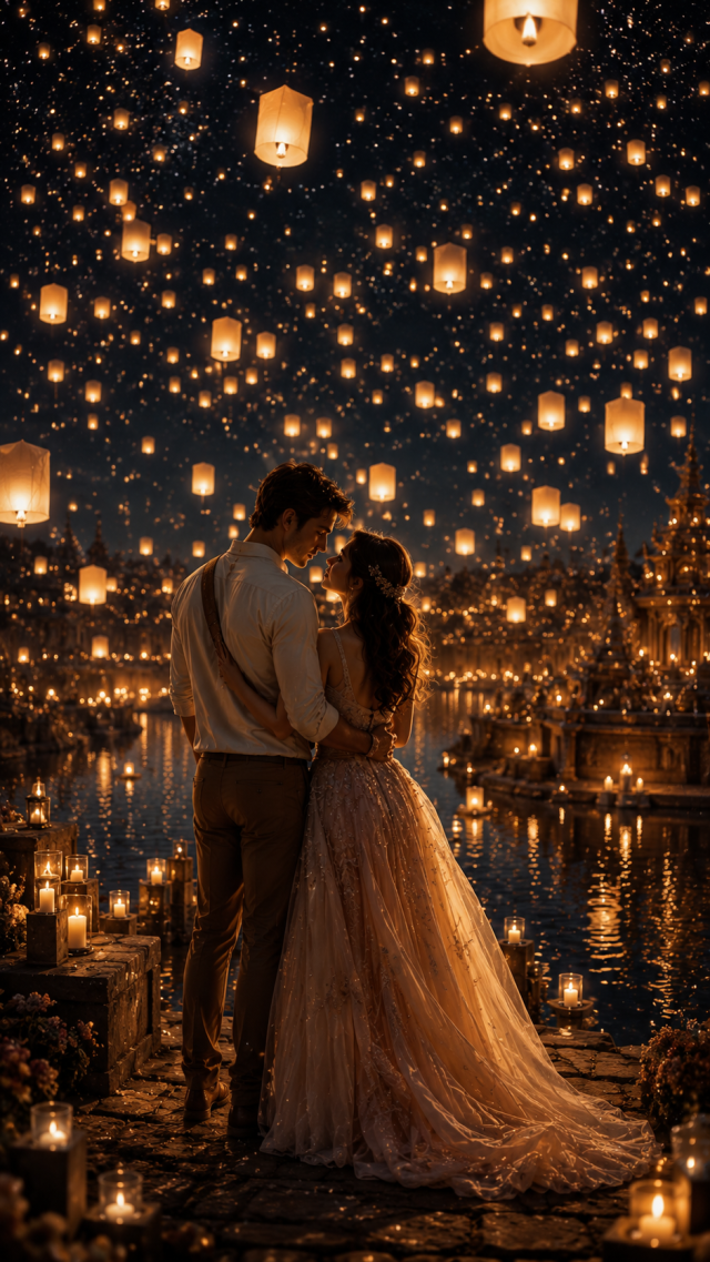 Couple under Lanterns by the Water