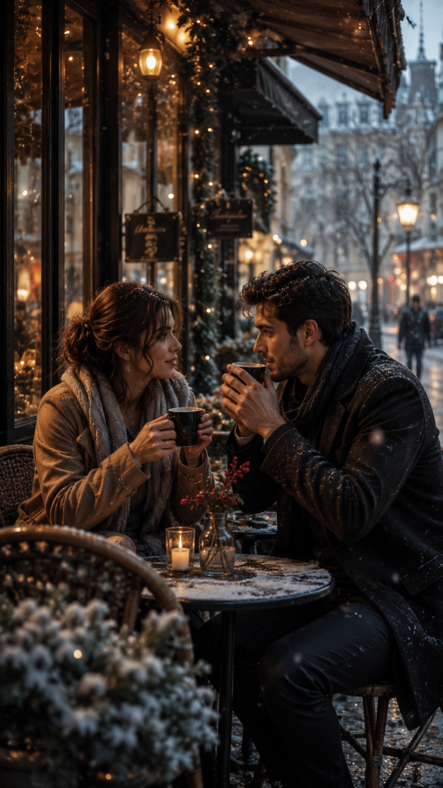 Couple at A Snowy Cafe Table