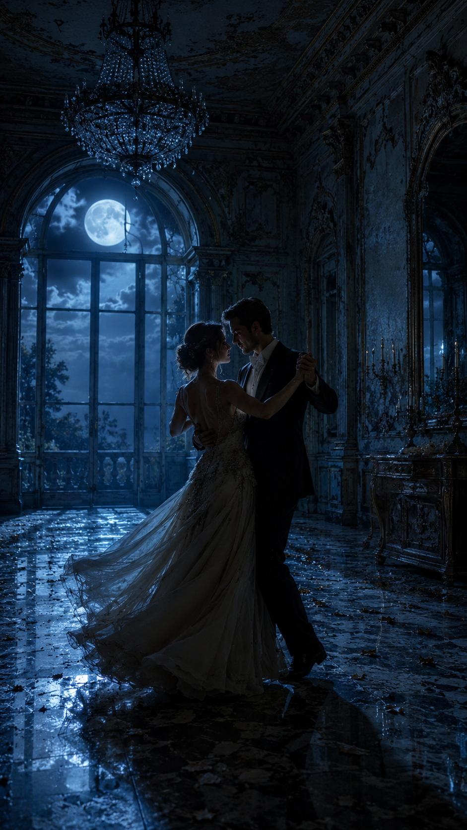 Couple Dancing in A Moonlit Blue Ballroom