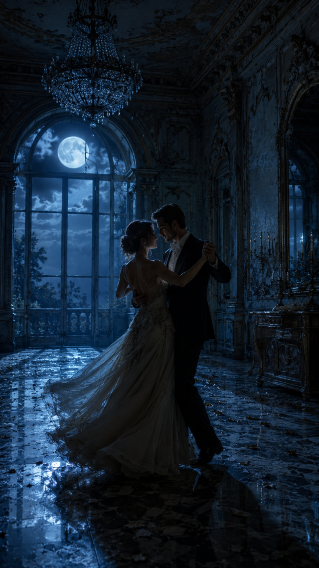 Couple Dancing in A Moonlit Blue Ballroom