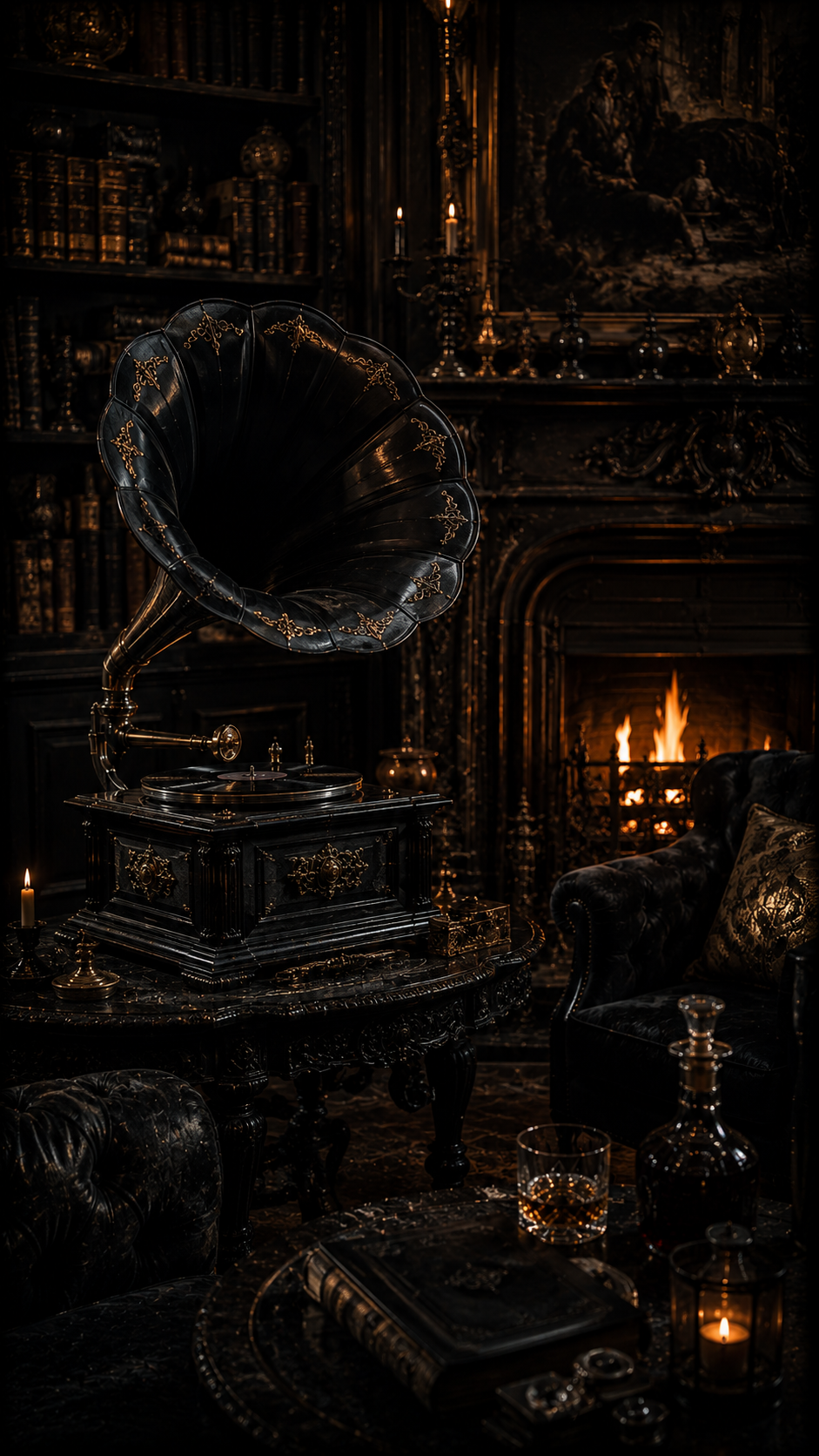 Vintage Gramophone Beside A Fireplace Library