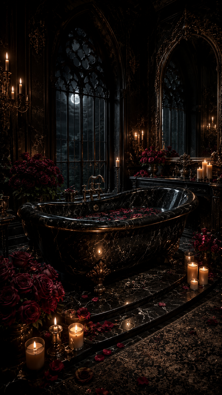 Gothic Bathtub Room with Candles and Roses