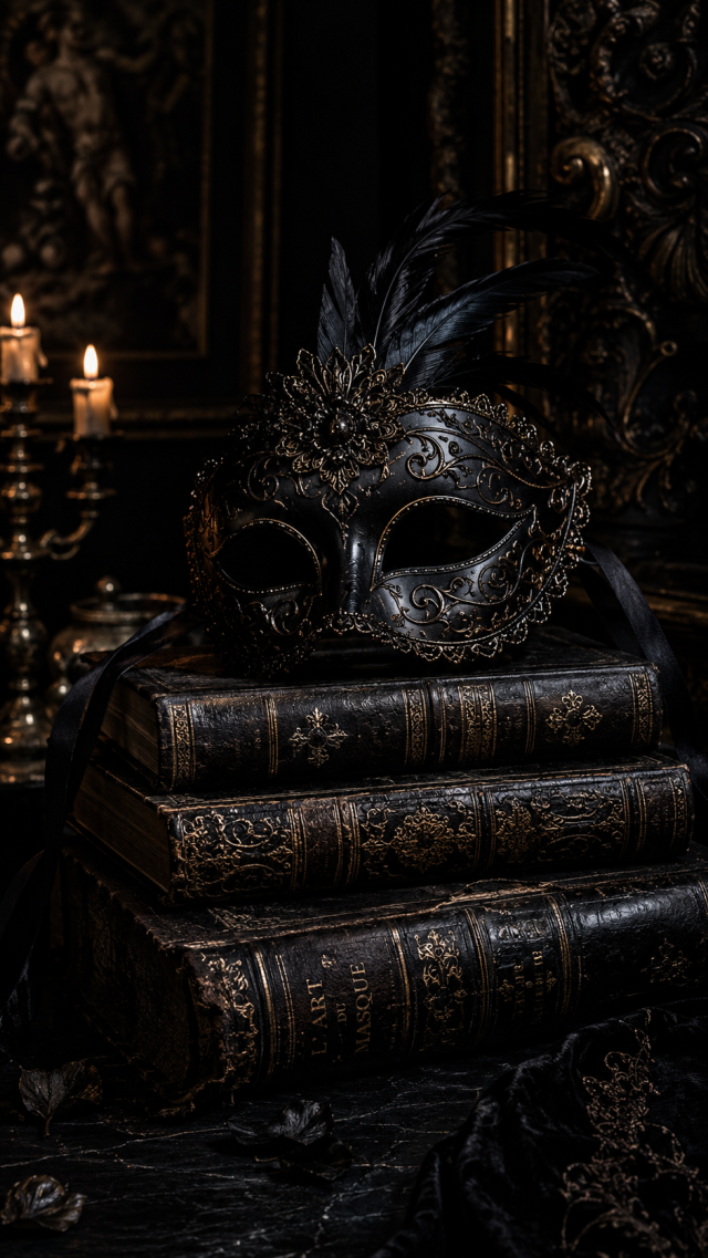 Black Masquerade Mask on Old Books