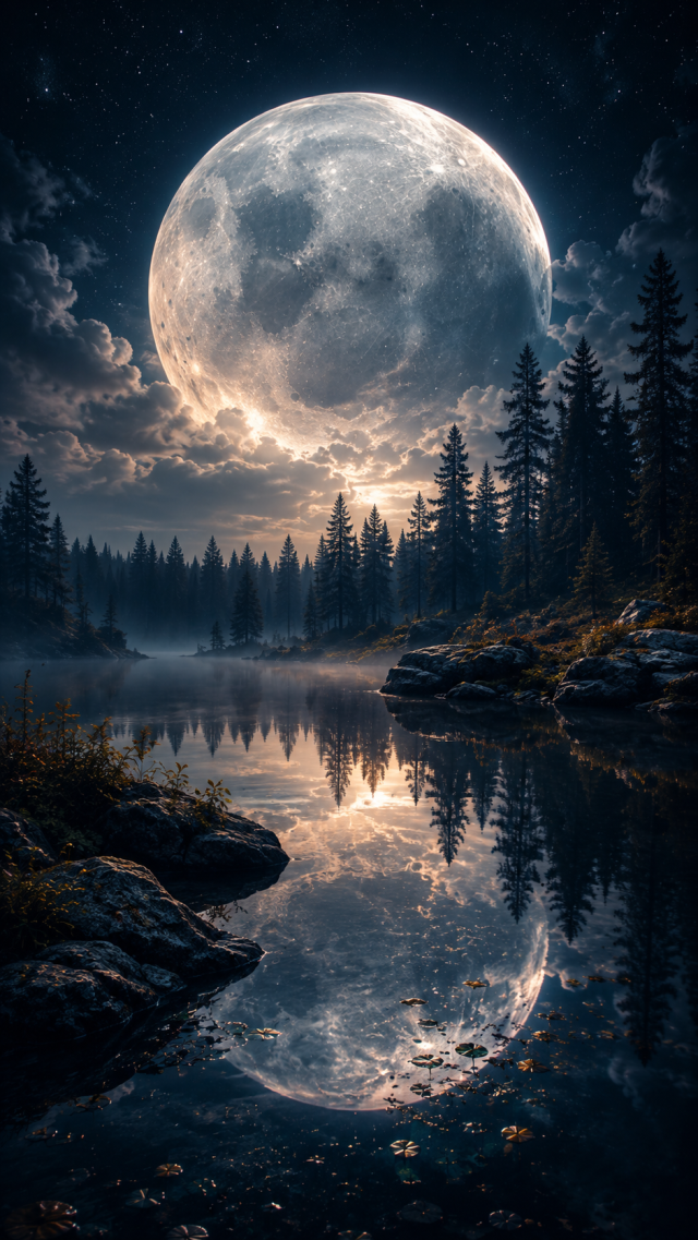 Full Moon Lake and Forest Reflection
