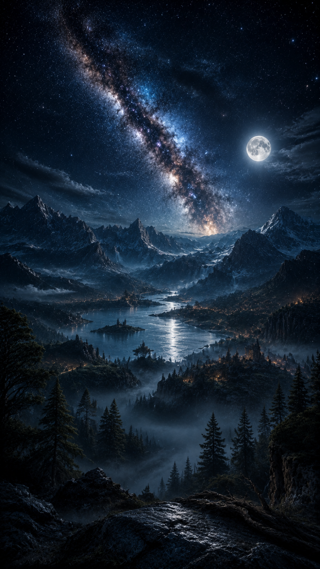 Moonlit Mountain Lake Valley