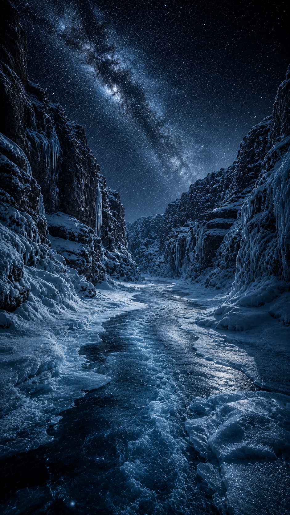 Icy River Canyon under the Milky Way