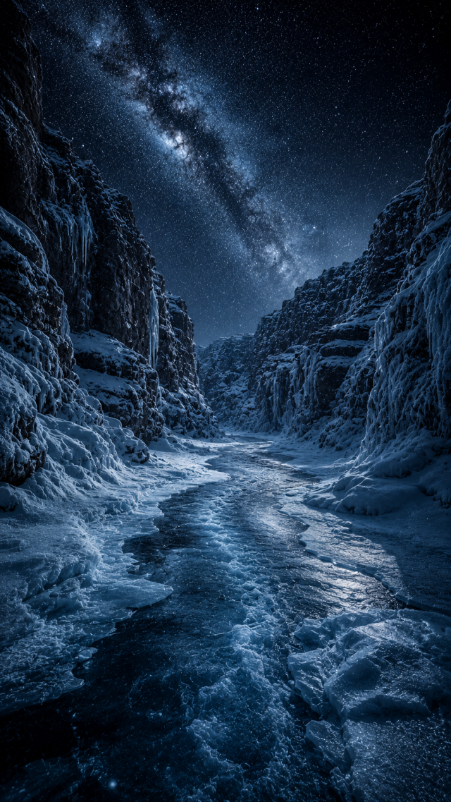 Icy River Canyon under the Milky Way