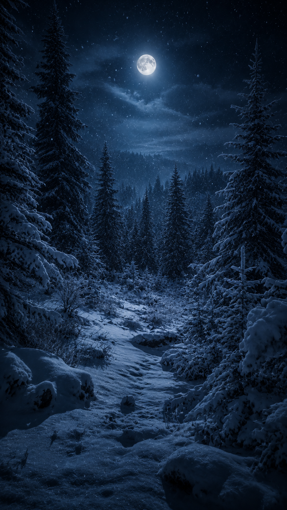 Snowy Moonlit Forest Path