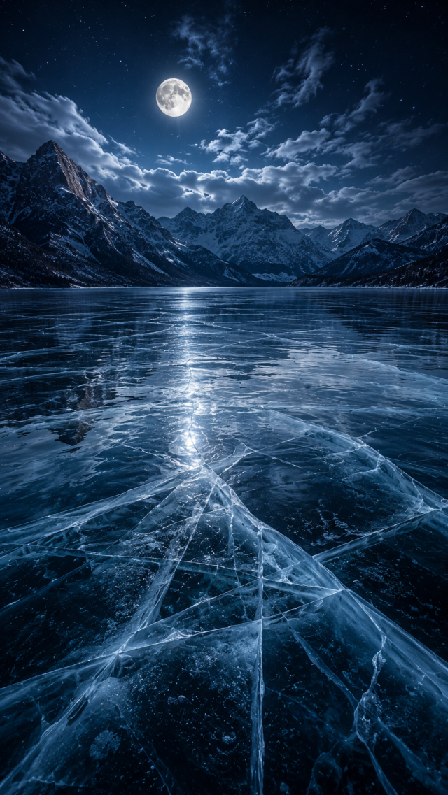 Cracked Frozen Lake under a Full Moon