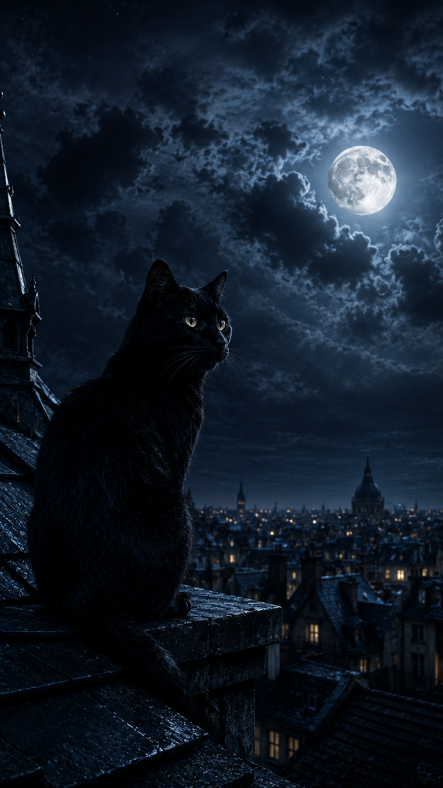 Black Cat on a Moonlit Rooftop