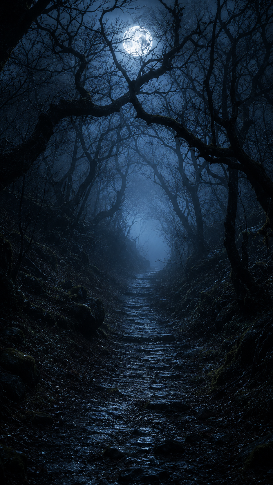 Dark Forest Path under the Moon