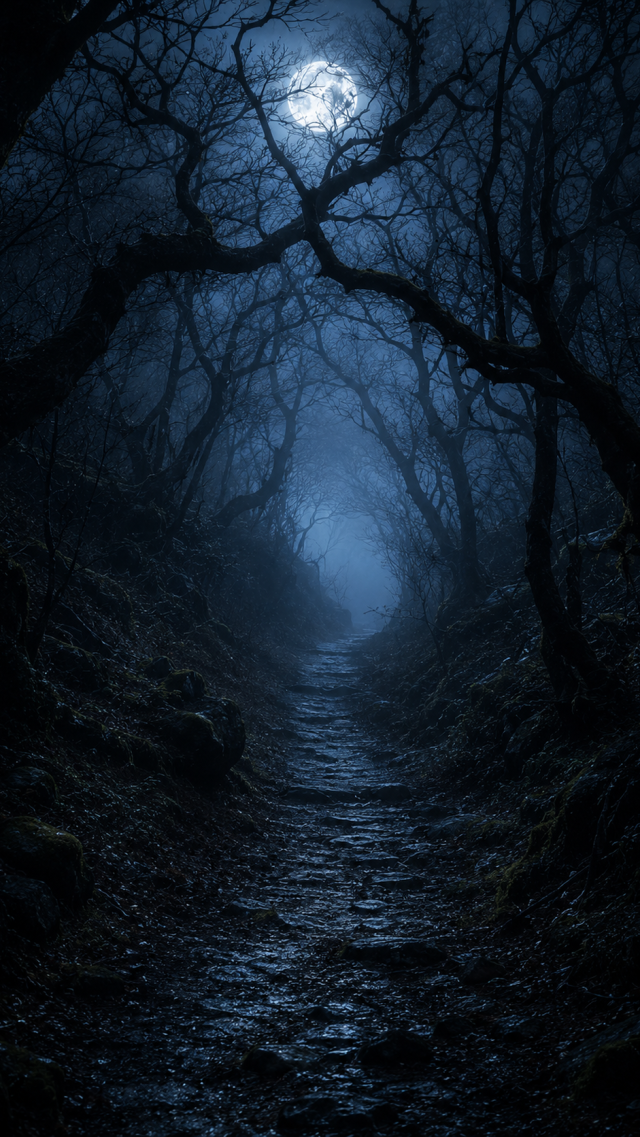 Dark Forest Path under the Moon
