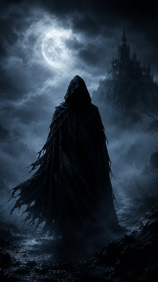 Cloaked Figure Near a Moonlit Castle