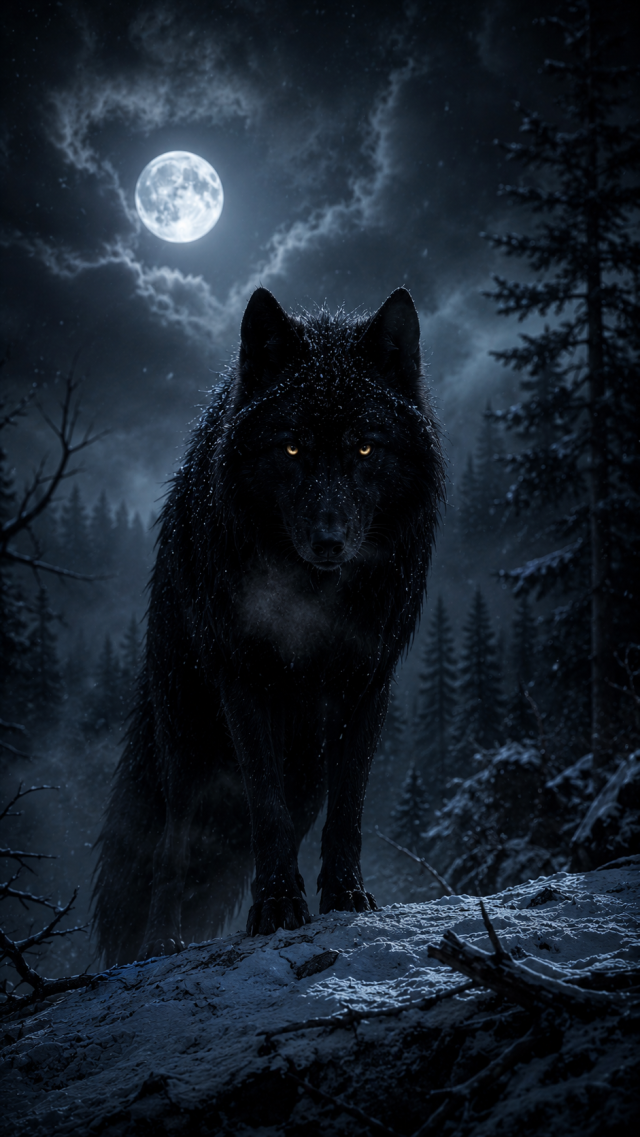 Black Wolf in Moonlit Snow
