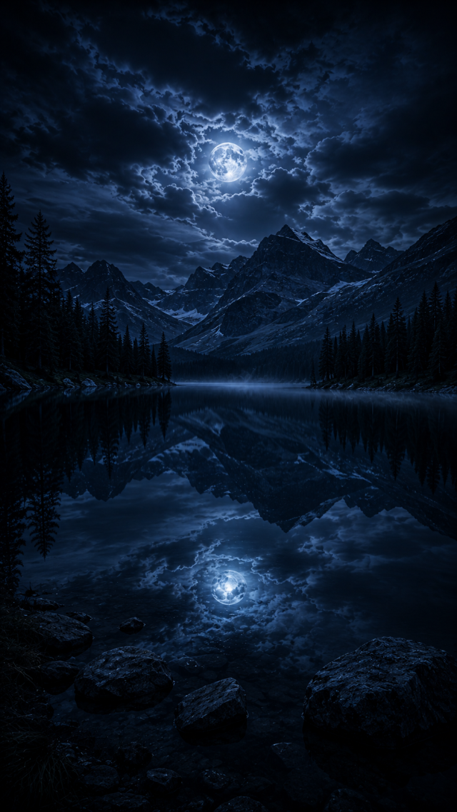 Moonlit Mountain Lake Reflection