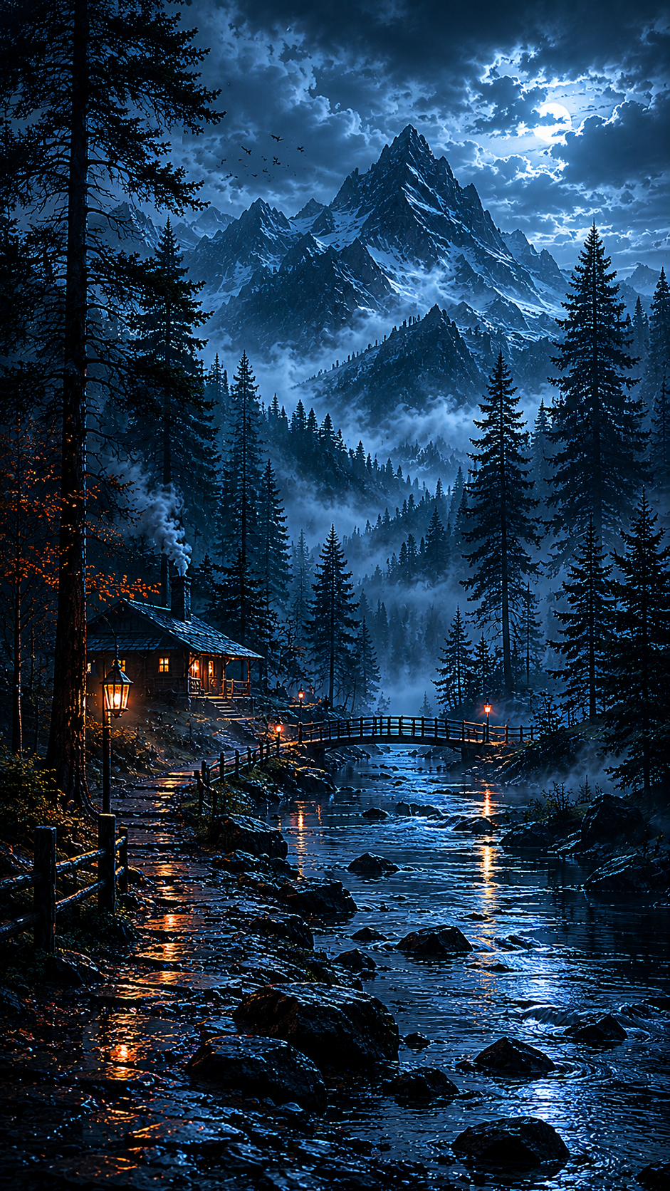 Cabin by a Moonlit Mountain Stream
