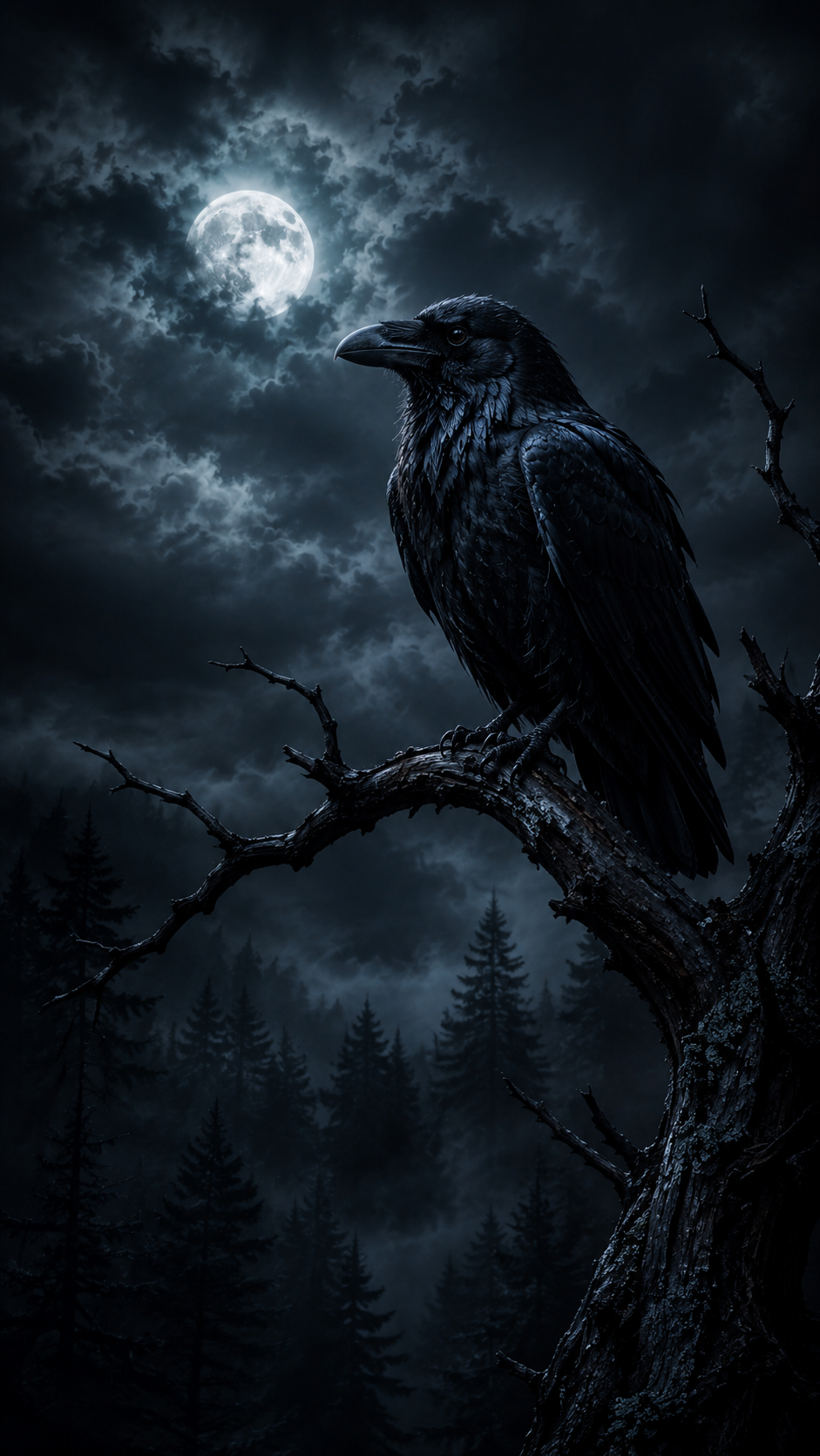 Raven on a Branch under the Moon