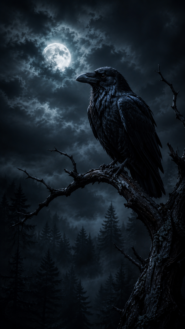 Raven on a Branch under the Moon
