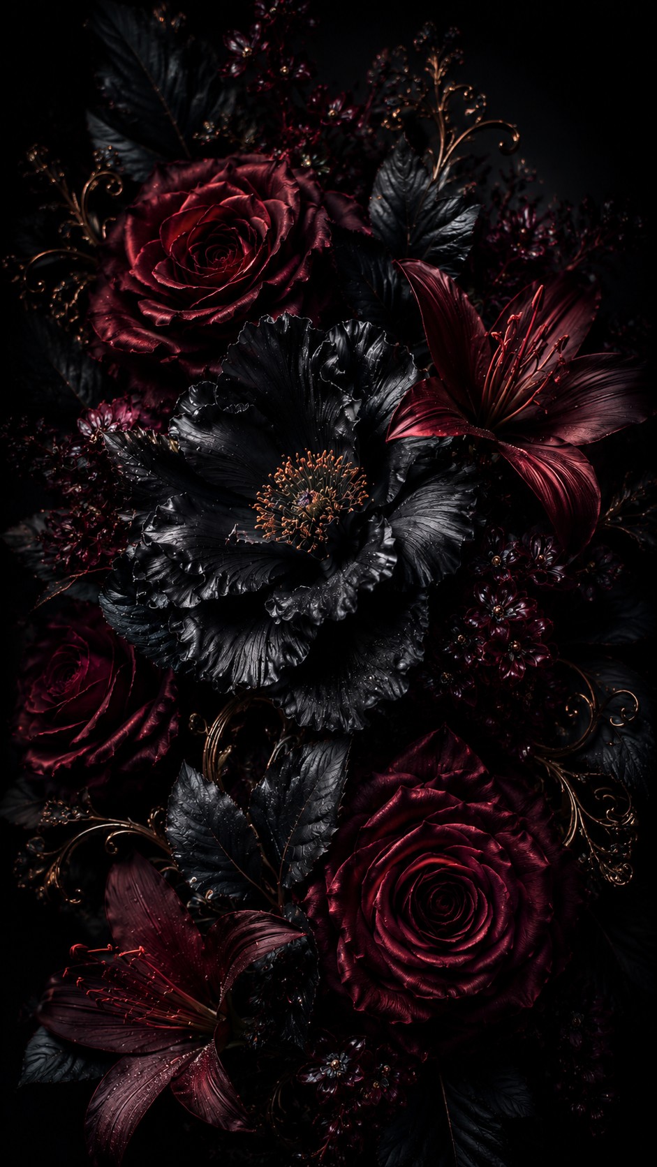 Dark Red Flowers on Black