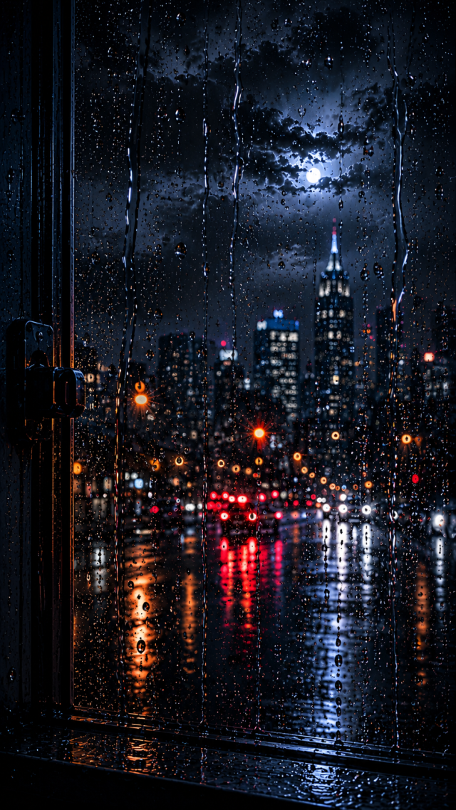 Rainy City Skyline Through a Window