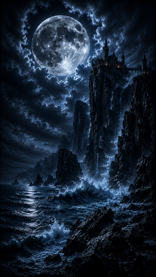 Moon over Rocky Sea Cliffs
