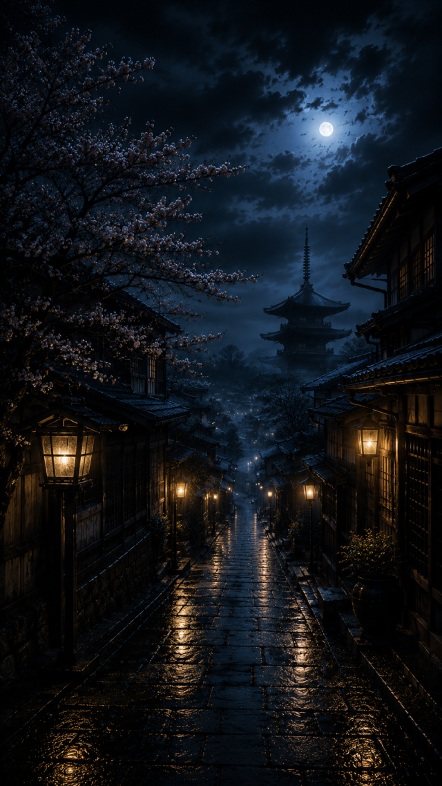Rainy Lantern Street in an Old Town