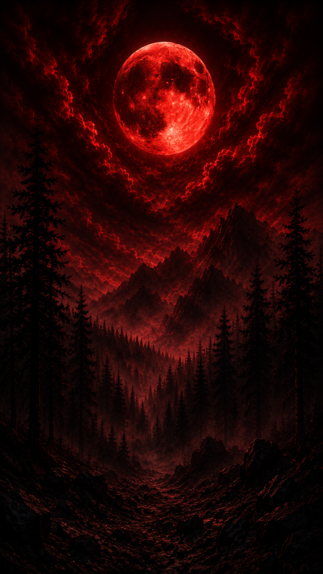 Red Moon Above a Dark Forest