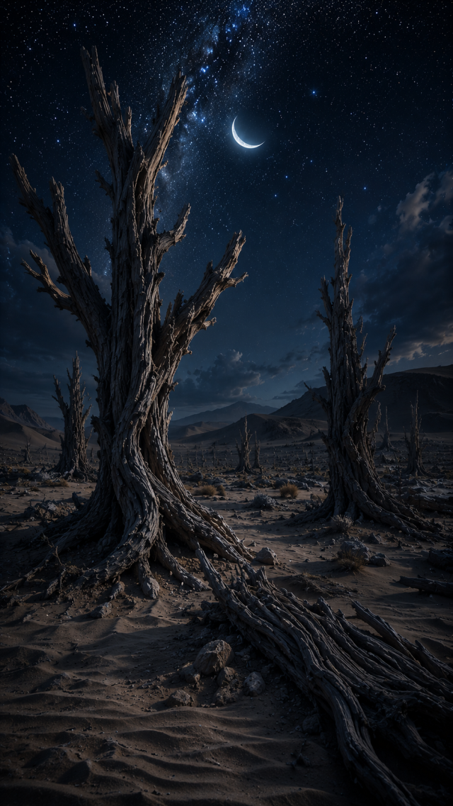 Dead Tree in a Desert under a Crescent Moon