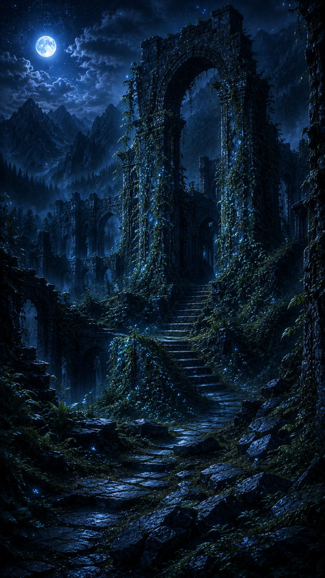 Ancient Ruins in a Forest Path