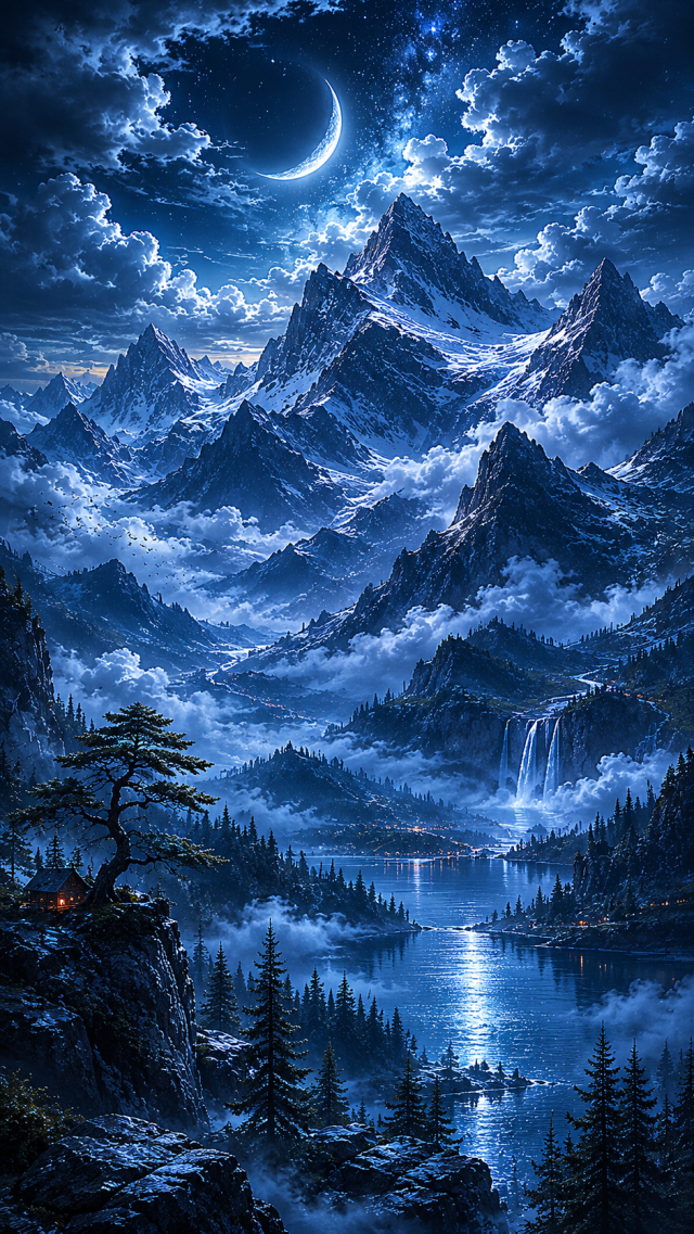 Snowy Mountains under a Crescent Moon