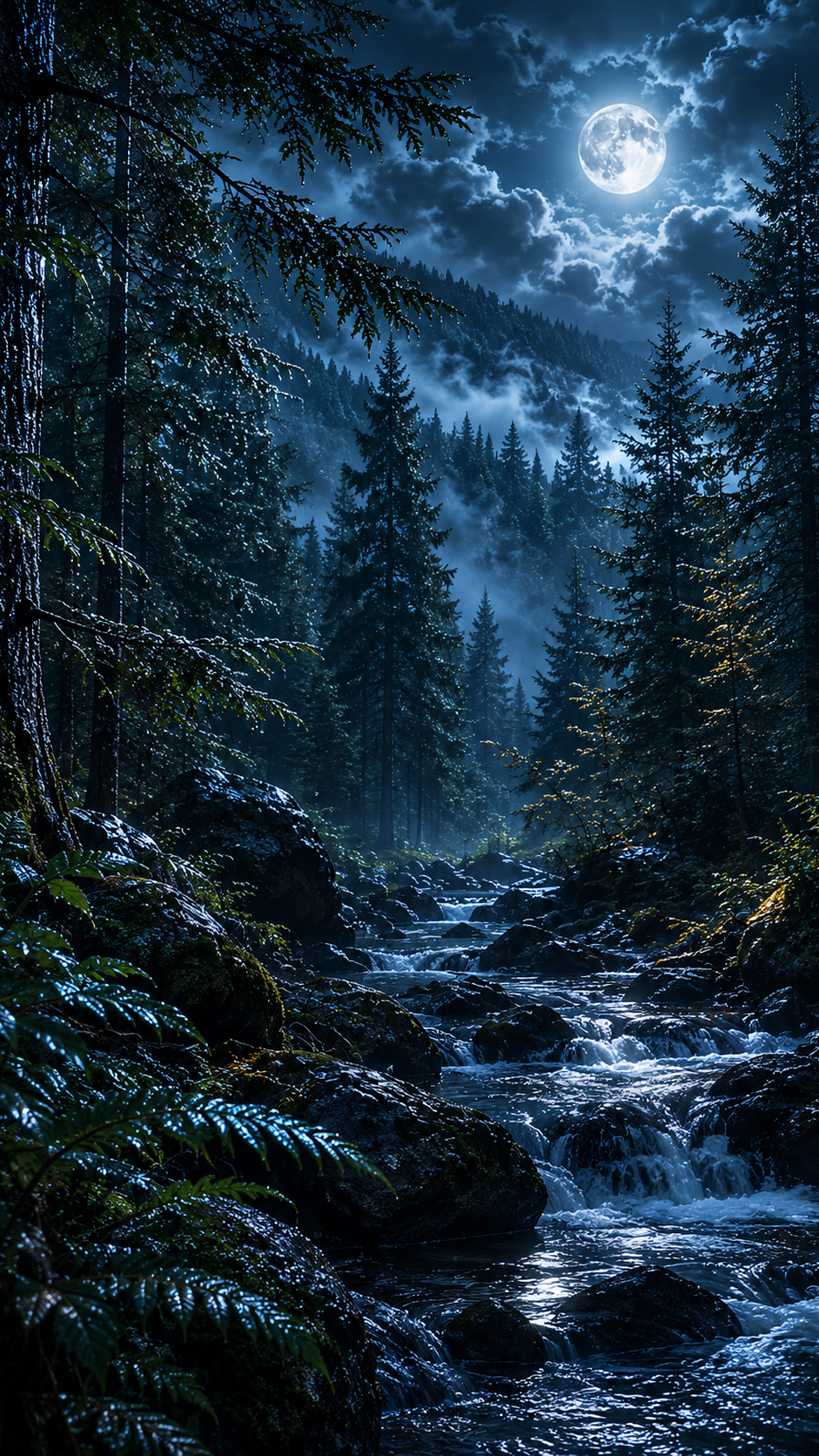 Moonlit Forest Waterfall Creek