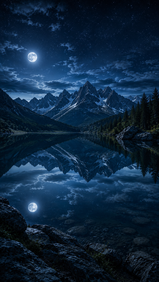 Moonlit Mountain Lake Reflection