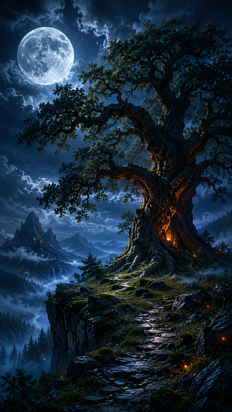 Ancient Tree on a Moonlit Cliff