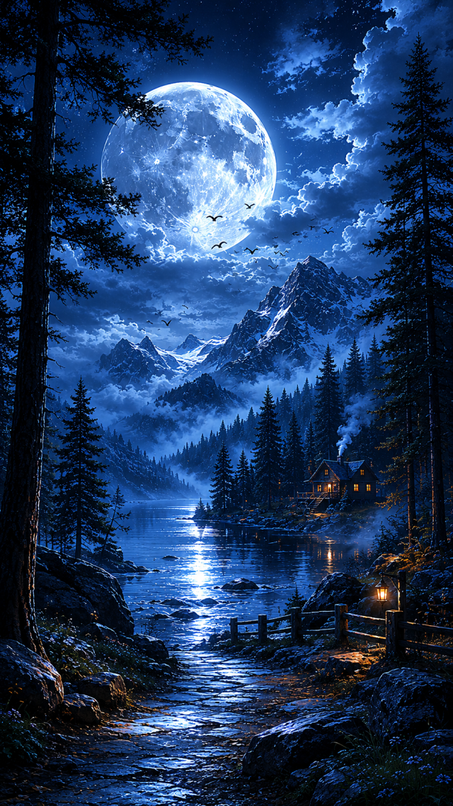 Cabin by a Moonlit River